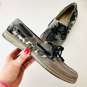NEW SPERRY Black Brown Tan Animal Cheetah Print Low Top Tie Slides Sneakers 8.5